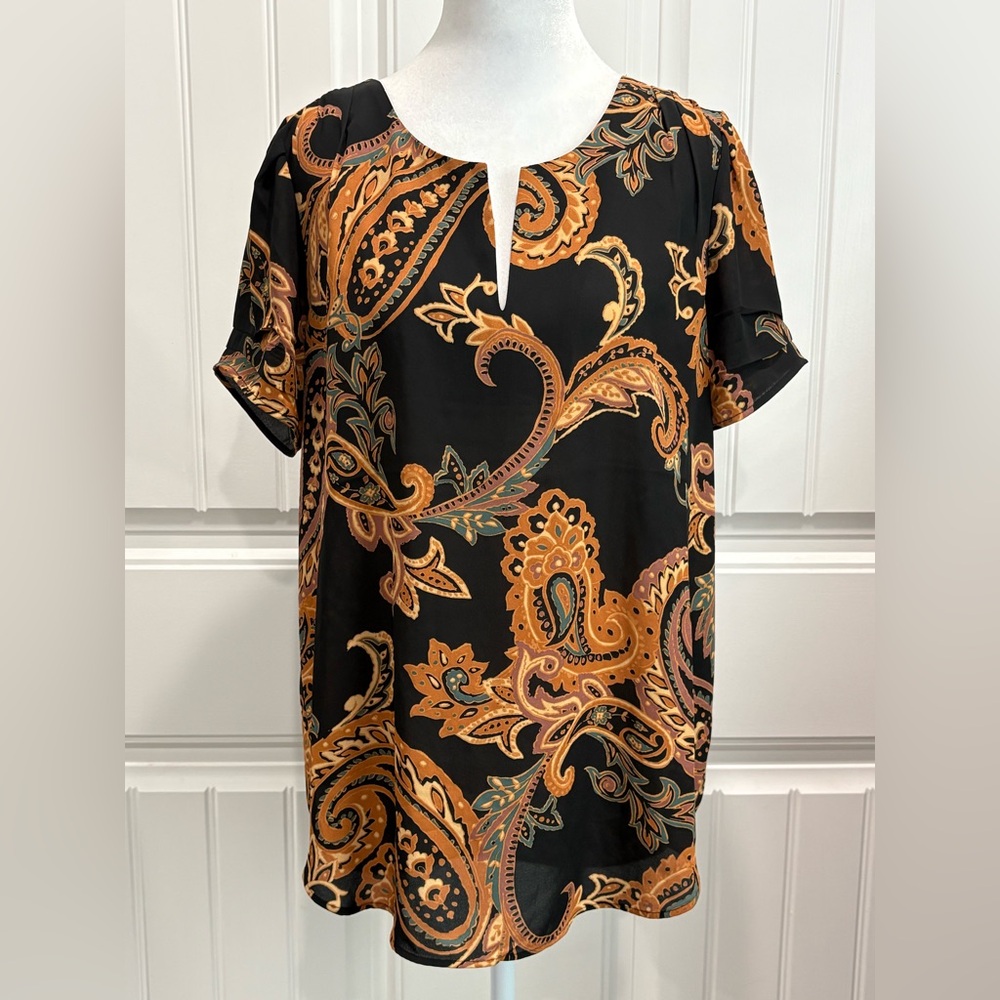 DR2 Black and Mustard Paisley Short Sleeve Blouse Size M